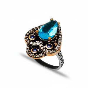 Pear Design Aquamarine <b>CZ</b> Ottoman Wholesale Turkish Design Jewellery Zircon Stone Handcrafted Authentic Silver <b>Ring</b> - Product Image 2