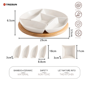 Plateau de service en bambou de qualité supérieure, plateau de service rotatif (Lazy <span class=keywords><strong>Susan</strong></span>) avec 5 compartiments amovibles, ensemble de service pour chips et sauce - Product Image 6