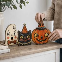 Décoration d'étagère en bois vintage mignonne pour Halloween, ensemble de panneaux de table autoportants, cadeau de déménagement pour Halloween