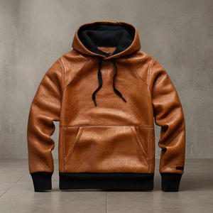 <b>Men's</b> <b>Brown</b> Leather Hooded Sweatshirt Solid Color Knitted Casual Pullover Front Pocket Autumn Wear - Product Image 3