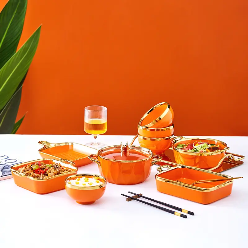 creative orange household ceramic handle baking bowl gold wholesale commercial dinnerware set