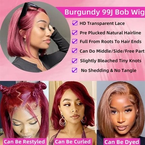 Peluca de Cabello Humano Liso Corto <span class=keywords><strong>Bob</strong></span> 99j Borgoña Pre-arrancada con Color, Encaje Frontal Completo HD Transparente 13x4, 10-14 Pulgadas, 200 Densidad - Product Image 5
