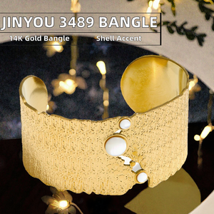 Bracelet jonc ouvert plaqué or, simple, avec coquille ronde, en acier inoxydable, vente en gros, joncs ajustables et tendance - Product Image 2