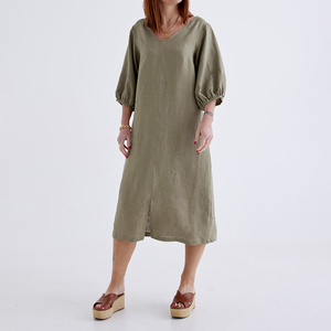 Abito da <span class=keywords><strong>Donna</strong></span> Estivo Nuovo Modello <span class=keywords><strong>in</strong></span> Tessuto di <span class=keywords><strong>Lino</strong></span> e Cotone Ecologico Lunghezza Midi con Scollo a V per Uscire - Product Image 1
