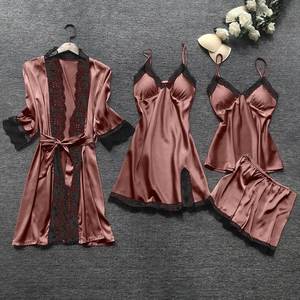 Moda seksi <span class=keywords><strong>Nighty</strong></span> 4 adet setleri pijama toptan saten şort kıyafeti kadın dantel iç çamaşırı saten pijama - Product Image 6