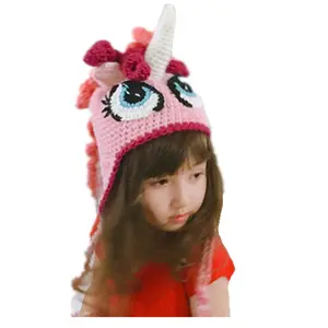 Gorros gruesos de punto EE288 para invierno para niño, gorro de ganchillo para niño, gorro de punto con pelo de caballo y nieve, gorro cálido con orejera de Animal de dibujos animados