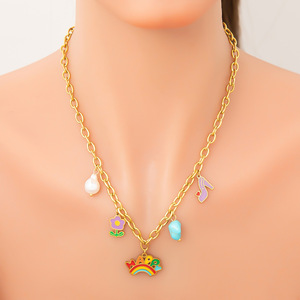 Charm Pendant Necklace 18K Gold Plated <b>Titanium</b> Steel Cartoon Design Colorful Charms Clavicle Chain Gift Jewelry - Product Image 1