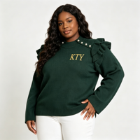 Pull personnalisé pour femme grande taille avec logo, épaules à volants, décorations de perles, broderie de lettres dorées, haut en tricot surdimensionné à manches longues