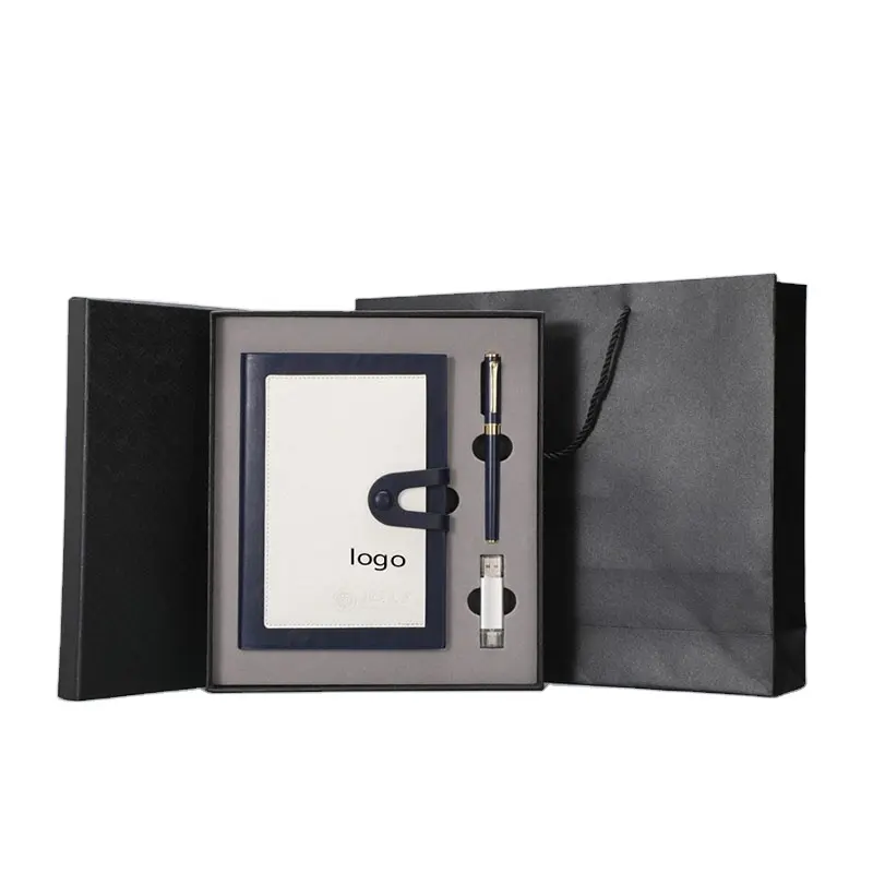 Design personalizado Pacote De Luxo PU Couro Notebook Gift Box A5 Diário Escrita Notebook Gift Set para Negócios