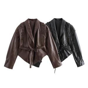 Chaqueta corta de cuero PU con estilo para mujer, Moda de Primavera, estilo callejero, chal, cuello, botón a prueba de viento, <span class=keywords><strong>faja</strong></span>, chaqueta de cuero para mujer - Product Image 4