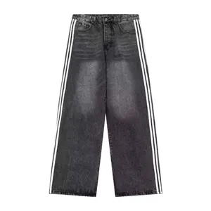 Calça jeans hip hop lavada para homens, calça jeans larga com bordado de três listrados, moda de rua