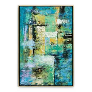 Green and Blue Painting Abstract Geometric Hand-Painted Modern Abstract Canvas Oil Painting Green Abstract Oil Painting