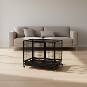 Jaula para perros de doble puerta resistente, de 43 pulgadas, de metal negro, con ruedas bloqueables y bandeja extraíble para perros grandes y extra grandes - Product Image 2