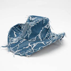 Chapeau <span class=keywords><strong>de</strong></span> cowboy vintage américain délavé à bords effilochés, chapeau en denim unisexe à large bord avec décoration en pompon pour le style <span class=keywords><strong>de</strong></span> rue en plein air - Product Image 1