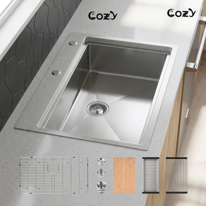 Lavello da Cucina Moderno a Vasca Singola 76x48 cm, Fatto a Mano in Acciaio Inox S304, Kit Workstation Multifunzionale da Incasso Modello - Product Image 3