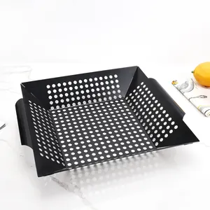 Square 12 Inch Carbon Steel Nonstick Vegetable BBQ Grill Basket Pan