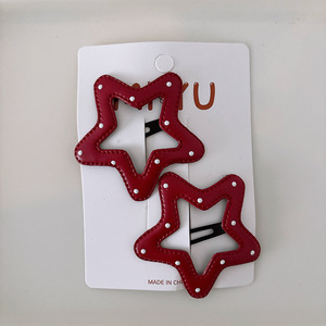 Horquilla de cuero de lunares rojos que combina con todo, nueva horquilla BB con flequillo de estrella destrozada de lado dulce para niñas, accesorios para el cabello de fiesta - Product Image 5