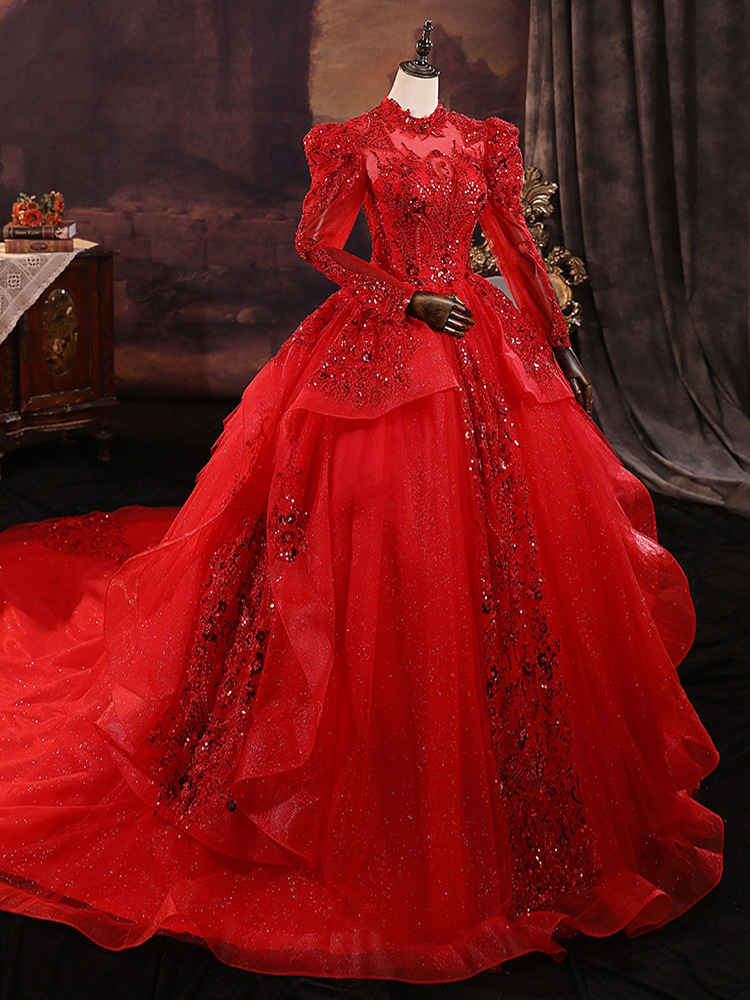 Shop Our 2024 Custom Luxury Wine Red Long Sleeves Wedding Dresses