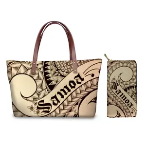 Traditional Tribal Polynesian Samoa Tongan Tapa Print Satchel Handbag Set Girls Bags and Purses for Women Custom Purse with Logo