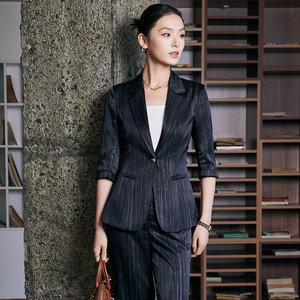 Women's 3/4 Sleeve Striped Blazer Suit Set Acetate Satin Anti-Wrinkle Professional Casual Spring Summer 2025 - Product Image 3
