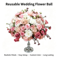 Bola Bunga Buatan Bulat Penuh Campuran Mawar Sutra dan Peony untuk Dekorasi Meja Makan Pernikahan, Pesta, dan Hotel