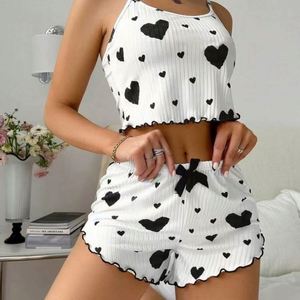 New Style Sweet Lace Elastic Waist Summer Front Logo Heart Print Women's Nightie Sleepwear <b>Sets</b> Home Wear Pajamas Shorts - Product Image 1