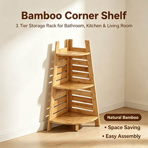 Scaffale angolare a 3 livelli in bambù naturale <span class=keywords><strong>salvaspazio</strong></span> per il <span class=keywords><strong>bagno</strong></span>, con design a doghe ventilate per articoli da toeletta e decorazioni. - Product Image 2