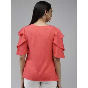 Haut à rayures en viscose décontracté à la cheville pour femmes à la mode rose avec décoration de motif élégant taille régulière un ensemble - Product Image 3