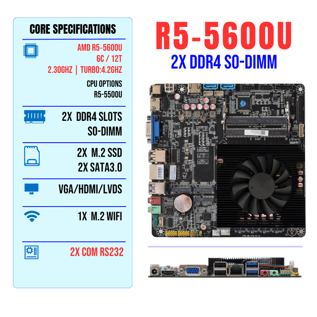 NEW Thin Mini ITX Motherboard with Integrated SOC AMD R5 5600U 5500U Processor 2X DDR4 2x M.2 SSD SATA3.0 Industrial Motherboard