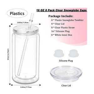 Gelas Tumbler Akrilik 16OZ Model Bola Salju, Dinding Ganda, Plastik, Lubang Sudah Dilubangi dengan Penutup, Gaya Stoples Mason Bening untuk DIY, Dilengkapi Tutup dan Sedotan - Product Image 3