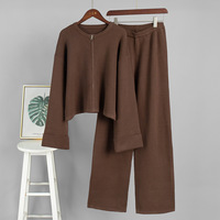 Ensemble 2 pièces femme automne-hiver : veste tricotée à manches longues zippée et pantalon large – Tenue décontractée pour femme