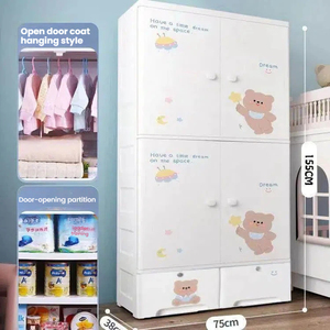 Dessin animé ours bébé Suspension vêtements <span class=keywords><strong>armoire</strong></span> avec roues tiroirs de rangement avec Double porte <span class=keywords><strong>chambre</strong></span> en plastique placard 3 couches - Product Image 4