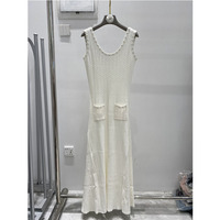 Robe longue en tricot sans manches pour femme avec perles et poches - Robe longue décontractée élégante à volants en tricot torsadé pour l'été