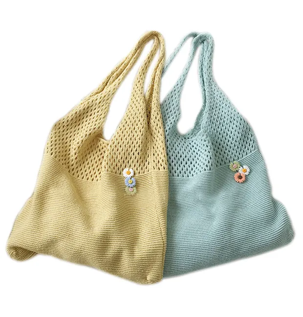 New Style Hollow Woven Custom Candy Color Hand Knitting Crochet Tote Bag Women Crochet Shoulder Bag For Ladies