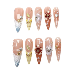 Ongles Press-on Faits Main 10 Pièces Personnalisables Longs Stiletto Blanc Laiteux Océan Aurore Ondulations Coquillages 3D Perles Luxe Gel - Product Image 1