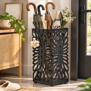 Porte-parapluies moderne en métal noir thermolaqué, double face, capacité pour 12 parapluies, fonction tout-en-un, design à motif de feuilles - Product Image 1