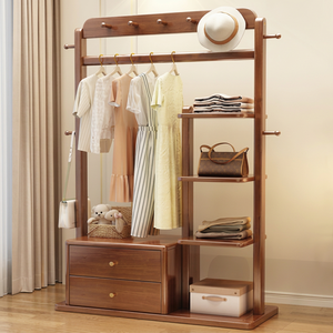 Porte-manteau moderne en bois massif avec crochets et étagères, meuble de rangement polyvalent autoportant pour chambre et salon - Product Image 1