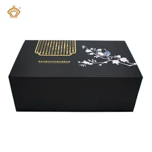 Custom Branding Matte Black Magnetic Closure Paper Garments Mug Wine Glass Coffee Cup Gift Box With Ribbon Tray