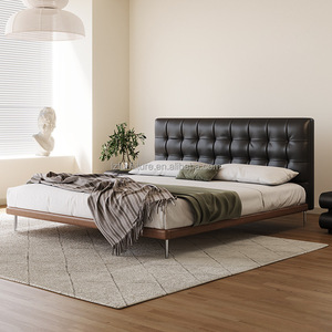 Italian Luxury Black Leather <b>Sofa</b> <b>Bed</b> with Storage <b>Modern</b> Design Soft-padded Solid Wood Edge for Master Bedroom - Product Image 1