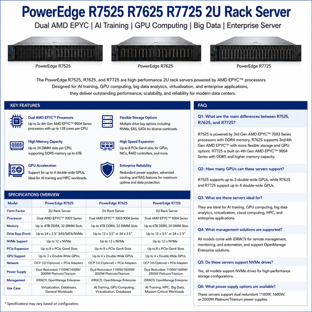 De Ll PowerEdge R7525 R7625 R7725 2U Rack Server Dual AMD EPYC AI Training GPU Computing Big Data Enterprise Server