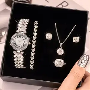 LUxury Moda Cristal Rjinestone Assista Set 5 Pcs Colar de Diamante Brinco Anel Pulseira Relógios Set Jóias Set para Mulheres Presente