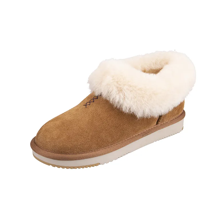 Free sample design women sheepskin collar faux fur lining suede soft warm winter slipper