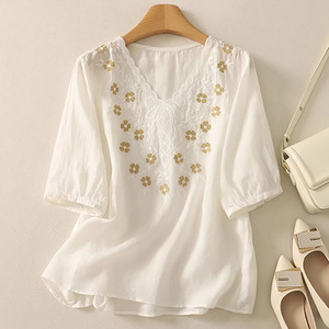 White Embroidery V-Neck Short Sleeve Top Women Loose Fit Summer Breathable T-Shirt - Product Image 1