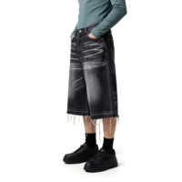 XUCHANG Short en jean baggy pour homme, style streetwear vintage, design original, avec logo personnalisé, 100% coton, délavage effet moustaches et bords bruts