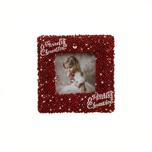 Christmas Ornament Square Red Beaded Frame Photo Holder Handmade Holiday Decoration - Product Image 1