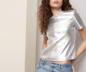 T-shirt da donna in <span class=keywords><strong>Lurex</strong></span> a manica corta rivestita in argento di alta qualità - Product Image 3