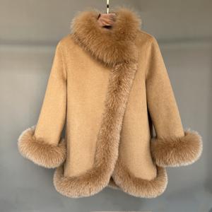 Winter Kasjmier Poncho Met Echte Vossenbont Kraag Manchetten Vrouwen Wollen Jas Bont <span class=keywords><strong>Cape</strong></span> Voor Dames - Product Image 1