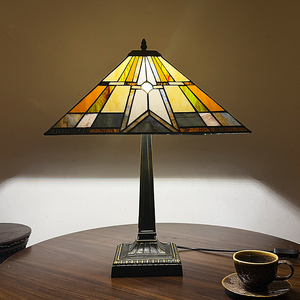 Mission Style Square Stained Glass <b>Table</b> <b>Lamp</b>, Geometric Handmade Desk <b>Lamp</b> with Zinc Alloy <b>Base</b> for Study & Office Decoration - Product Image 5
