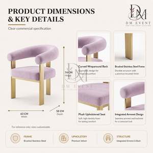 Silla de Comedor de Acero Inoxidable con Respaldo Tubular Abierto en Dorado y Tapicería Lila para Hoteles y Eventos de Boda, Venta al Por Mayor - Product Image 5