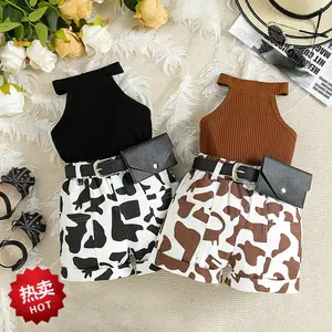 Children's clothing girl summer suit girl sleeveless vest top+cow pattern shorts with waist bag